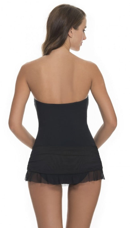 This Bandeau Swim Dress is the perfect beach look to flatter your midsection! Its sheer mesh overlay and ruffle skirted detail give you a feminine feel, while the removable and adjustable over the shoulder straps keep you secure. With soft foam cups and full coverage bottom, you'll be ready to make waves!