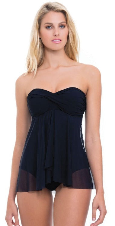 Treat yourself to a summer swimsuit that does it all! The Flyaway Bandeau One Piece is the perfect combination of comfort and style, featuring soft cups with boning on the side, a sweetheart neckline with a twist detail on the bodice, and semi-sheer flyaway fabric for an added beach-bum flair. And don't worry, it's got your back (and the rest of you!) with removable, adjustable shoulder straps and full bottom coverage. Dive in!  E736-2045
