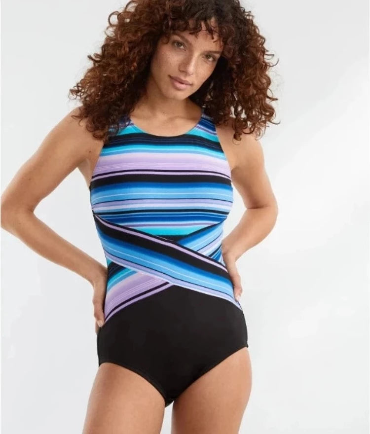 Flaunt your curves and be a fashionista in this stunningly stylish stripe pattern suit! The cleverly crafted bias cut with built-in tummy control gives you an enviable hourglass figure, plus the high neck provides extra coverage so you always feel confident. Gabar's Hydrofinity fabric is long-lasting; it's chlorine-resistant and boasts UPF 50+ protection. Plus, removable soft cups, adjustable straps, and silicone strips for a stay-put fit round out this amazing one-piece!  Fits up to a D cup.