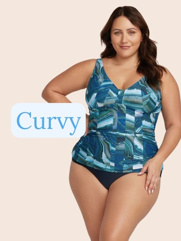 Plus size woman wearing a two piece bikini, low cut and ruffles. 