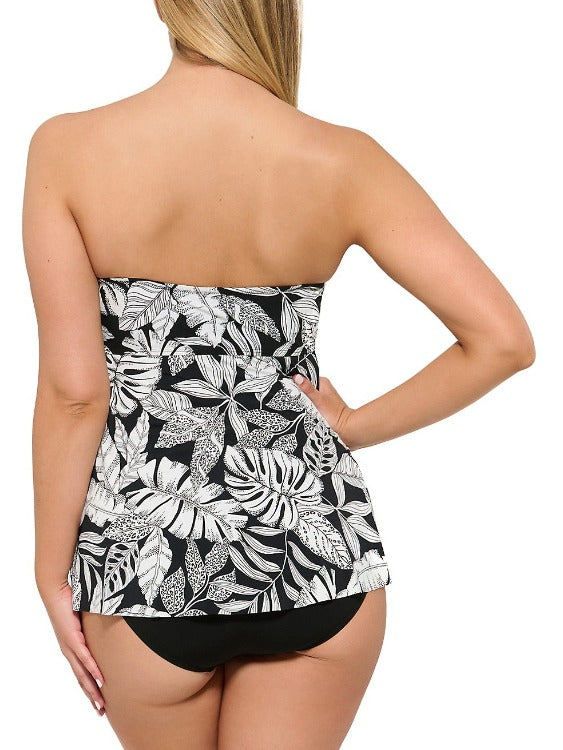 Get jungle fever with this tropical, bust enhancing, tummy concealing flare one piece. Wear this bandeau with or without straps, the supportive underwire lifts and separates but is concealed but the cross-over wrap design. The print cascades over the solid black body creating a flirty feel to this swimsuit.      30DJ1013