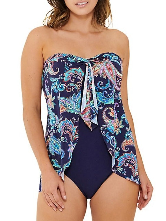 Go confidently into the waves in deep sophistication in this Medallion Paisley Flyaway Bandeau One Piece! The luxuriously soft fabric provides a smooth fit, with minimized hips and a stay-put bandeau silhouette -- plus customizable look with the removable straps. Not to mention, the high cut leg and flyaway overlay give a confident and elegant finish to your exclusive look!