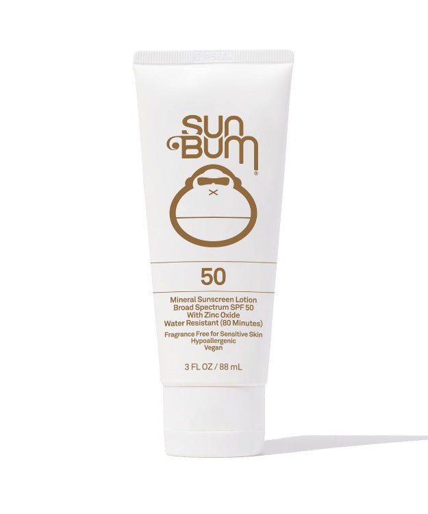 Sun Bum Mineral Sunscreen Lotion 50 SPF  Style: 2562350  Our Mineral Sunscreen Lotion is a lightweight, non-greasy formula that provides Broad Spectrum SPF 50 protection which helps protect skin from UVA/UVB rays.  Trust The Bum® Broad Spectrum Protection, Vegan, Mineral Oil Free, Paraben Free, Gluten Free, PABA Free, Water Resistant (80 Minutes), Hypoallergenic, Fragrance Free, Hawaii Act 104 Reef Compliant, Oxybenzone & Octinoxate Free