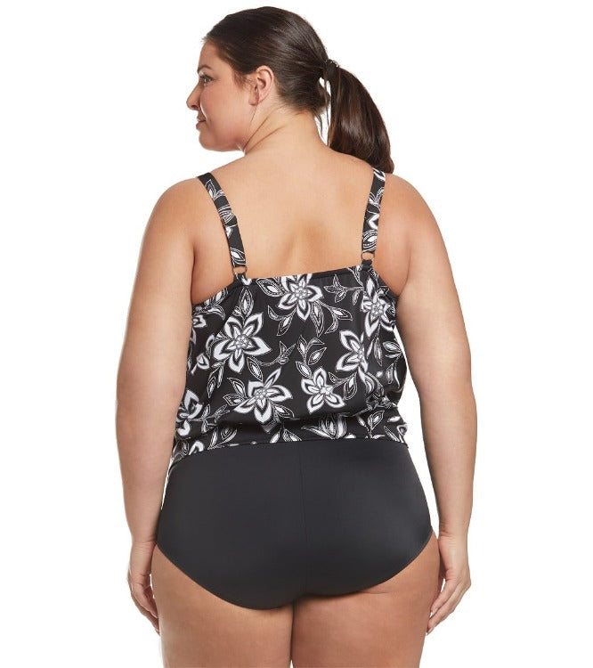 Look glam poolside with the Magnolia Curve Tankini! This chic plus-size top has a high neckline, mesh inserts, and slimming blouson styling with a tie detail. It also comes with an internal shelf bra, adjustable straps, and removable soft cups for confident coverage. Come through in style and comfort!