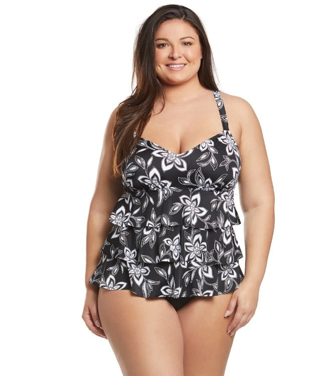Take control of your style with this unique triple tier curve one piece! Flaunt your assets with a flattering v-neckline and adjustable straps, while enjoying the slimming effect of the three-tiered design. Plus, you'll have the confidence of full bottom coverage and interior tummy control panels - no holding back necessary! Fit up to a D-cup? Hell, yeah!