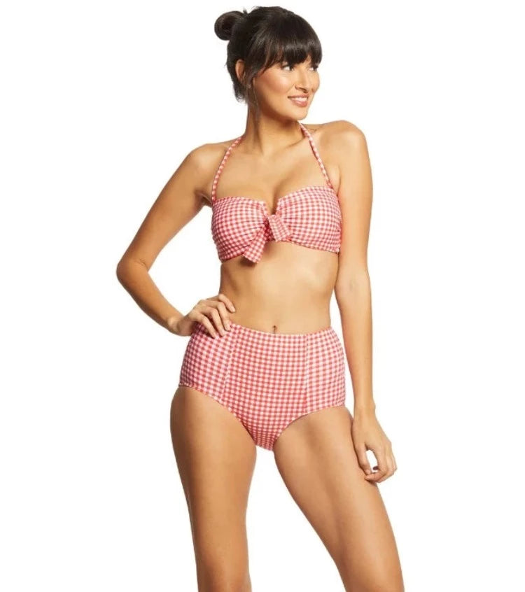 Turn heads this summer with this classic gingham check printed Seafolly Capri Check V Wire Bandeau Bikini Set! With dramatic knotted detail to the front, soft cups for the perfect shape, and boning for added support, you'll be ready to take on the beach in real 50's pin-up fashion. Plus, there's gripper tape for durable placement and an optional strap, so you're sure to stay secure - just clip back for the perfect fit!        31028207/4049320