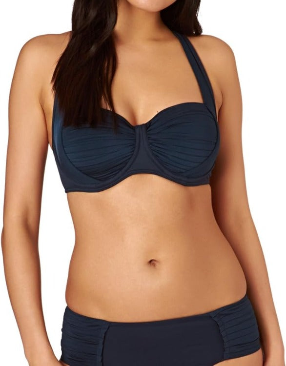 Look good and feel secure in this supportive balconette F cup bikini, featuring underwire with soft cups for all-day comfort and an adjustable fit. Boasting adjustable and convertible halter or cross-back straps, it's perfect for frolicking in the sun! Plus, with a cute clip back and a bit of extra coverage on the bottom, you'll have plenty of retro-style fun. Make a (style) splash this summer!    30358F065/401380