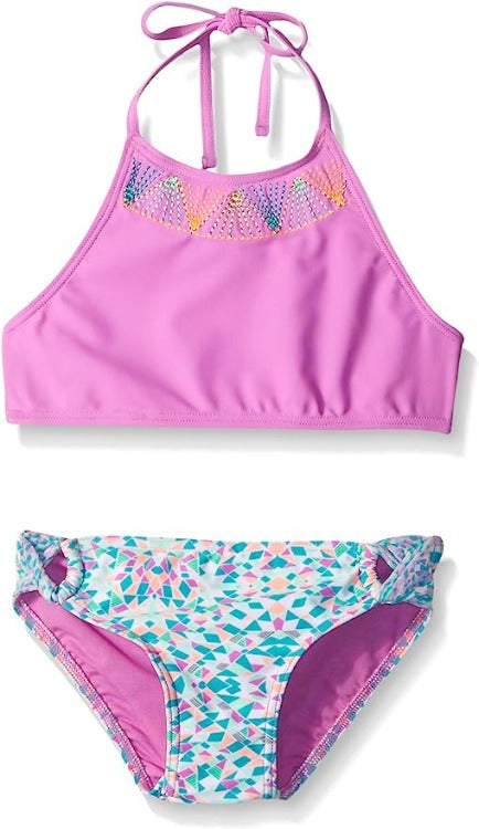 Kickin' cute gear for the mini dynamo on the move!-Trendy high-neck swimsuit with back latch.-Shoulder-tie 'kini that ties at the nape.-Chic cut-out bottoms for extra protection.