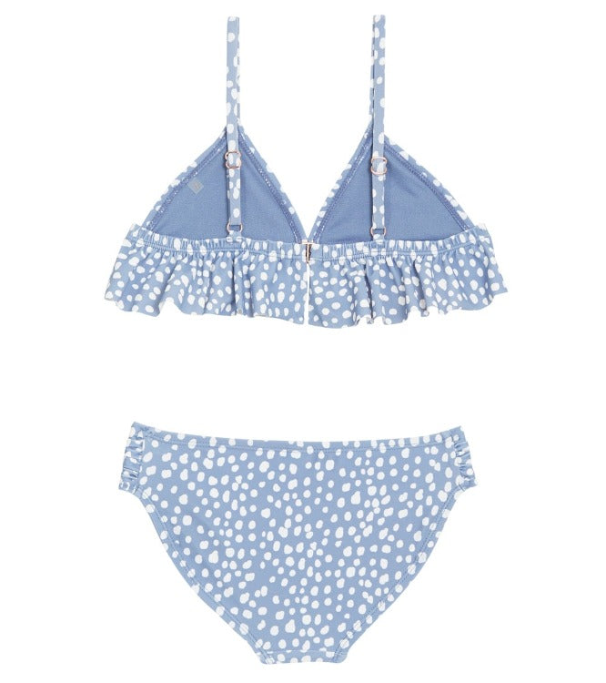 Let your little mermaid shine in the HB Bikini from Raisins Girls! This fun-loving set is a bright and stylish combo of abstract polka dots, frilly detailing, and a beautiful, soft blue shade. Plus, the adjustable straps and removable cups make for a perfect fit - it's time to make a splash!    J741027