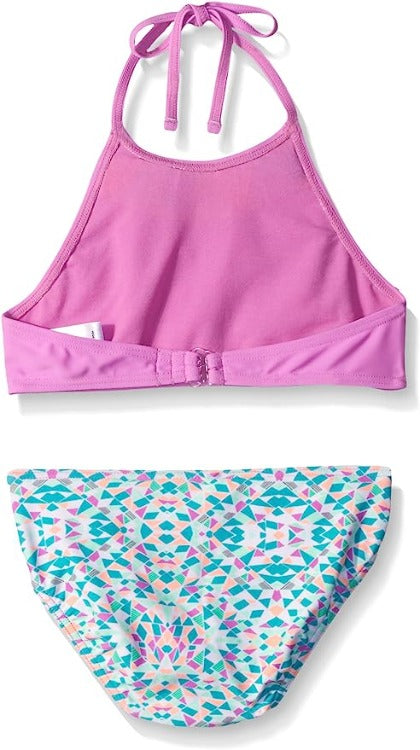 Kickin' cute gear for the mini dynamo on the move!-Trendy high-neck swimsuit with back latch.-Shoulder-tie 'kini that ties at the nape.-Chic cut-out bottoms for extra protection.