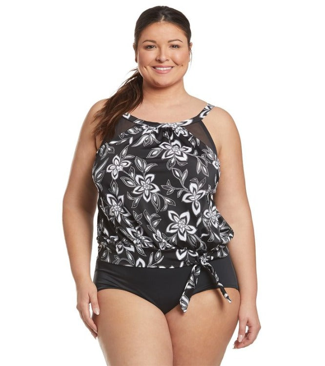 Look glam poolside with the Magnolia Curve Tankini! This chic plus-size top has a high neckline, mesh inserts, and slimming blouson styling with a tie detail. It also comes with an internal shelf bra, adjustable straps, and removable soft cups for confident coverage. Come through in style and comfort!
