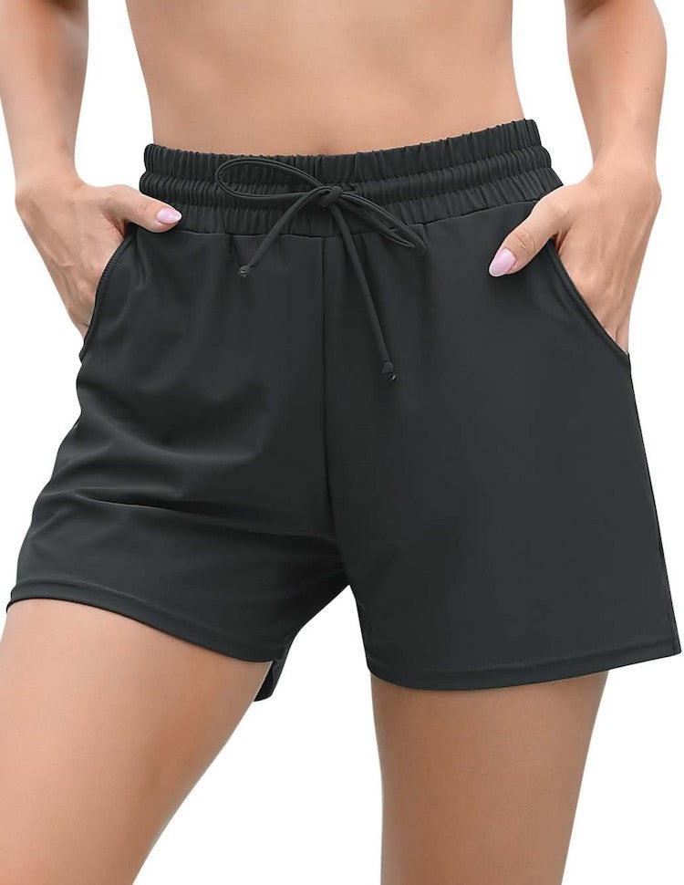 High Waisted Swim Board Shorts with Pockets