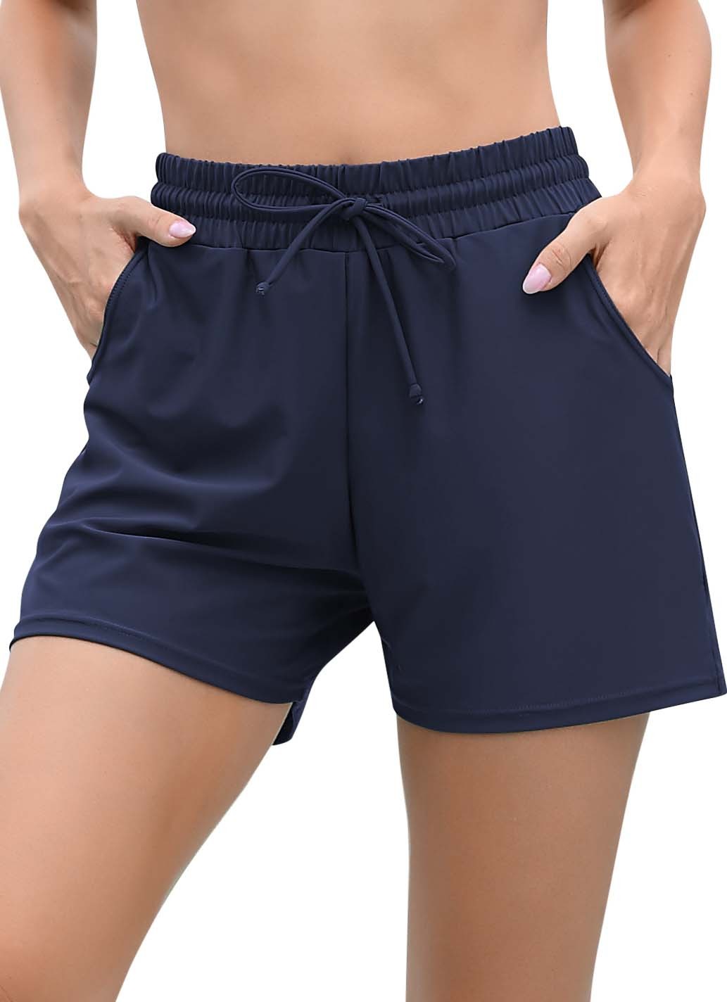 High Waisted Swim Board Shorts with Pockets