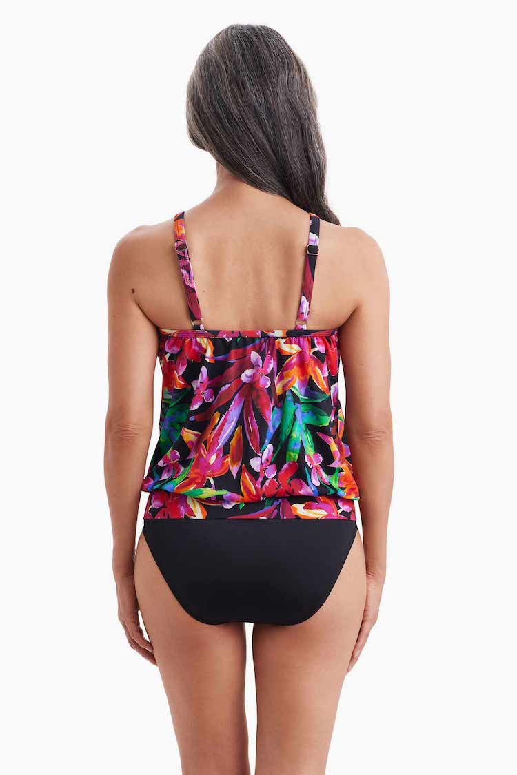 High Neck Blouson Tankini Top W/ Mesh Inserts