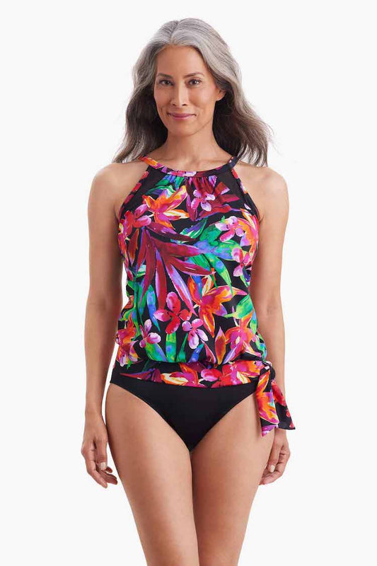 High Neck Blouson Tankini Top W/ Mesh Inserts