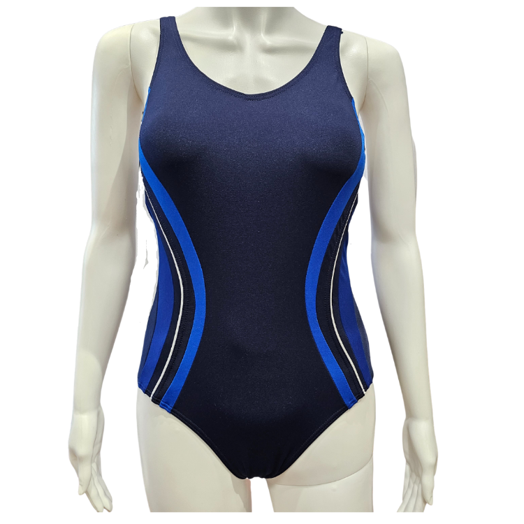 Step up your style game in the Finz V-Neck Sway Splice One Piece! With a multifit shelf bra, soft cup support, and adjustable straps, you'll be ready to conquer any water fitness activity. The flattering waist-minimizing piping and lined pattern give tummy control while the full back and lower leg cut make it super-cute! Dive into something fashionable and fun - 100% polyester Aquashield fabric has you covered!