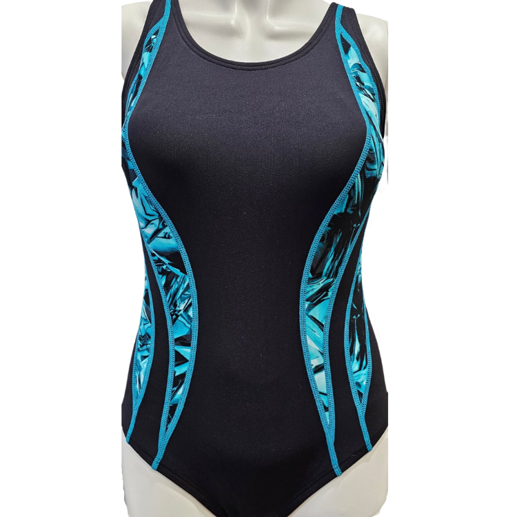 Function transitions to fashion as you rock this aqua stunner for whatever aquatic activity you choose - lap swims, competitive swims and more! With a black body, teal wave-inspired piping and a waist-minimizing effect, you'll be looking your best. Plus, with quick-drying polyester fabric, adjustable straps, removable soft cups, tummy control and UPF 50+ sun protection, it's an all-in-one winner.