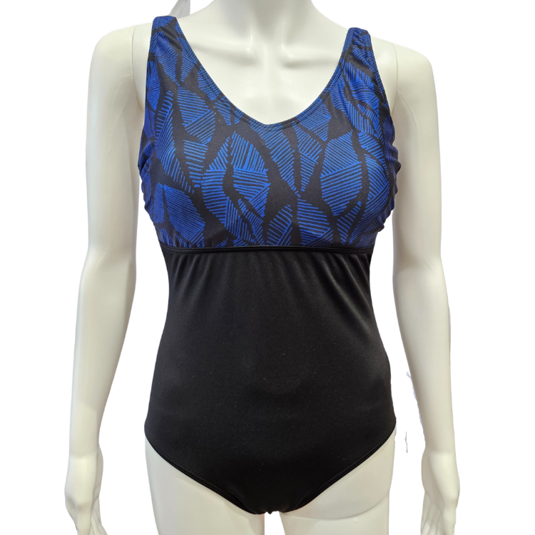 V-neck leaf print top w/ underwire E/F cup support. Black bottom double-lined for tummy control, scoop back & lower leg line. Built for lap swimmer, 100% Aqua-shield polyester won't break down. Adjustable straps & fashionable fun.