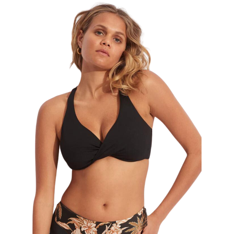 Feel like a modern day castaway in this Bon Voyage F-Cup Wrap Bikini! The wrap front detail provides extra coverage, while the adjustable/convertible straps and multi-fit adjustable e-hook provide the perfect fit. Enjoy the solid black wrap front bra with underwire bust support and hidden mesh for extra support. So, sashay away to paradise with all the confidence in the world!      31219F-942/40633