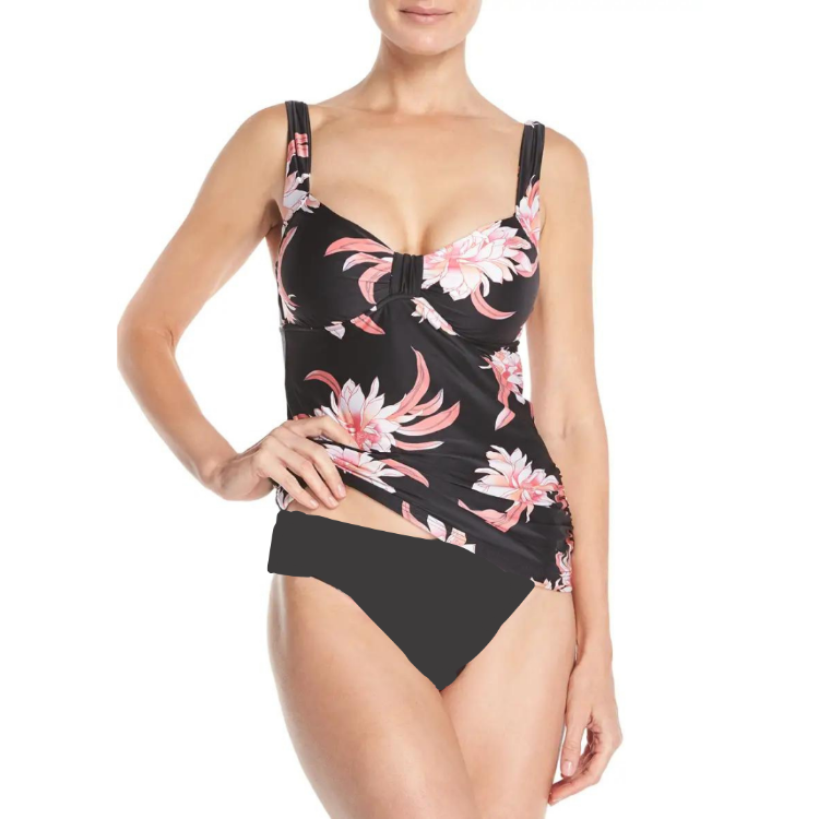 Make a statement with the Desert Flower DD Cup Tankini. Its ruched hip detail and removable cups offer a flattering silhouette, while boning and an adjustable, convertible cross back ensure your swimwear is supportive and stylish. The mid rise bikini bottom completes this elegant look.    31024DD198/40143