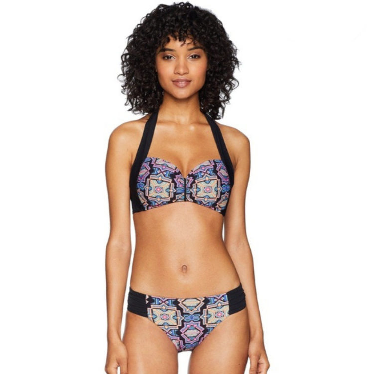 This Sun Temple Halter Bikini is perfect for your summer getaways! With wide straps for comfort and a beautiful Kaleidoscope design, you can soak up the sun in style. The side-panelled bottoms give you a flattering fit, and you can even upgrade the top with removable push-up pads. Get sun-drenched in supreme comfort!    30509200/4014520