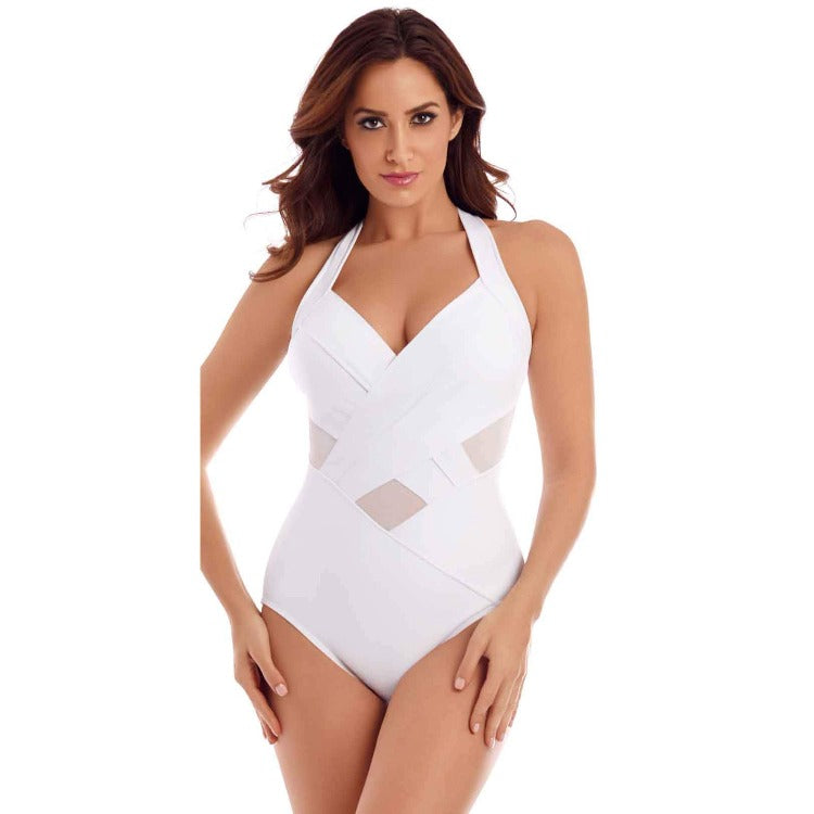 Allow yourself to be lit up by the Miraclesuit Revelations One Piece Swimsuit! Comfort and support are a given with its fixed straps, cross back design and hidden underwire. The V-neckline, peek-a-boo mesh and moderate leg cut provide plenty of sizzle; perfect for basking in the sun's golden rays. Get ready to make some waves!