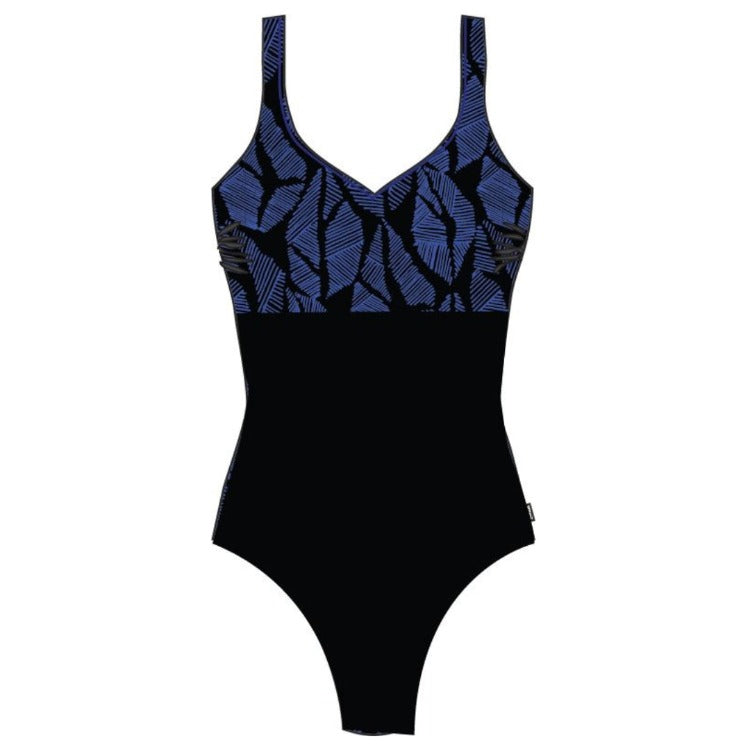 V-neck leaf print top w/ underwire E/F cup support. Black bottom double-lined for tummy control, scoop back & lower leg line. Built for lap swimmer, 100% Aqua-shield polyester won't break down. Adjustable straps & fashionable fun.