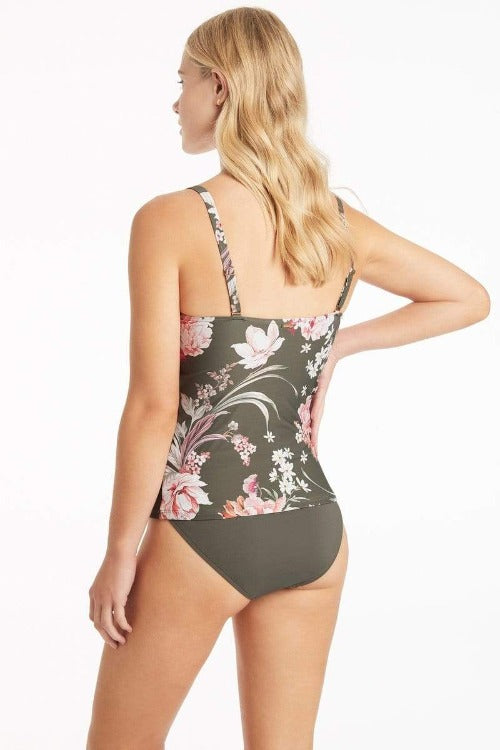 Introducing the Sea Level Martini Multifit Tankini: your sassy Summer look made easy! With vibrant garden florals and dark Khaki, you'll make a statement wherever you go. The adjustable, convertible straps, soft cup support, and powermesh liner ensure lasting comfort and confidence. Not to mention, the cheeky high-cut leg bottom kills it! Get ready to take on those sunny days in style!     SL3206MR/SL4491ECO