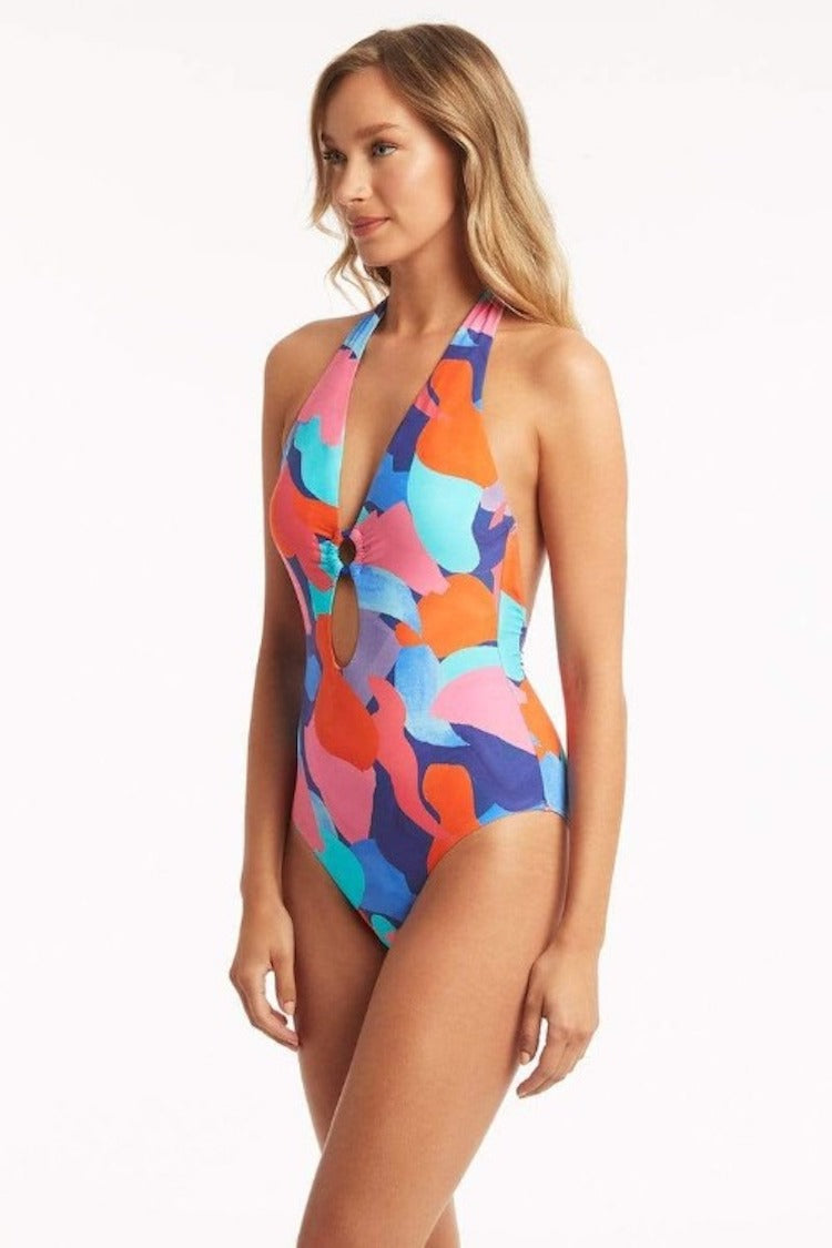 Royal Painted Keyhole Halter One Piece