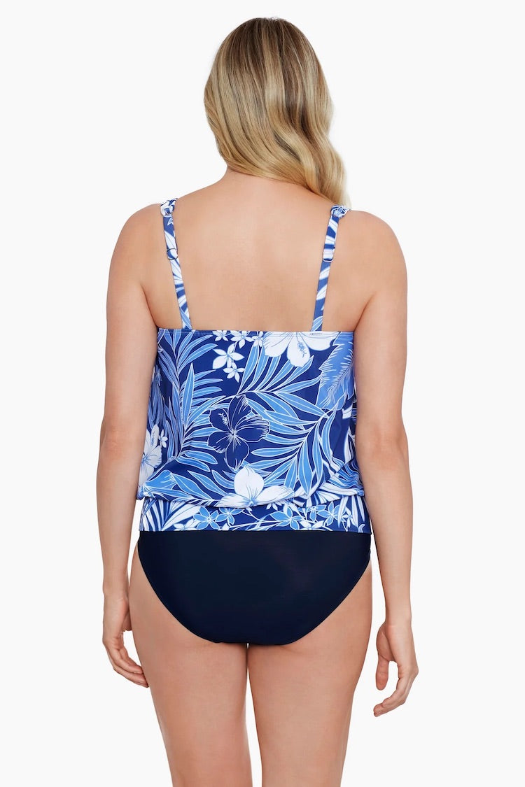 Shape Solver Shirred Neck Blouson Tankini Top In My Blues