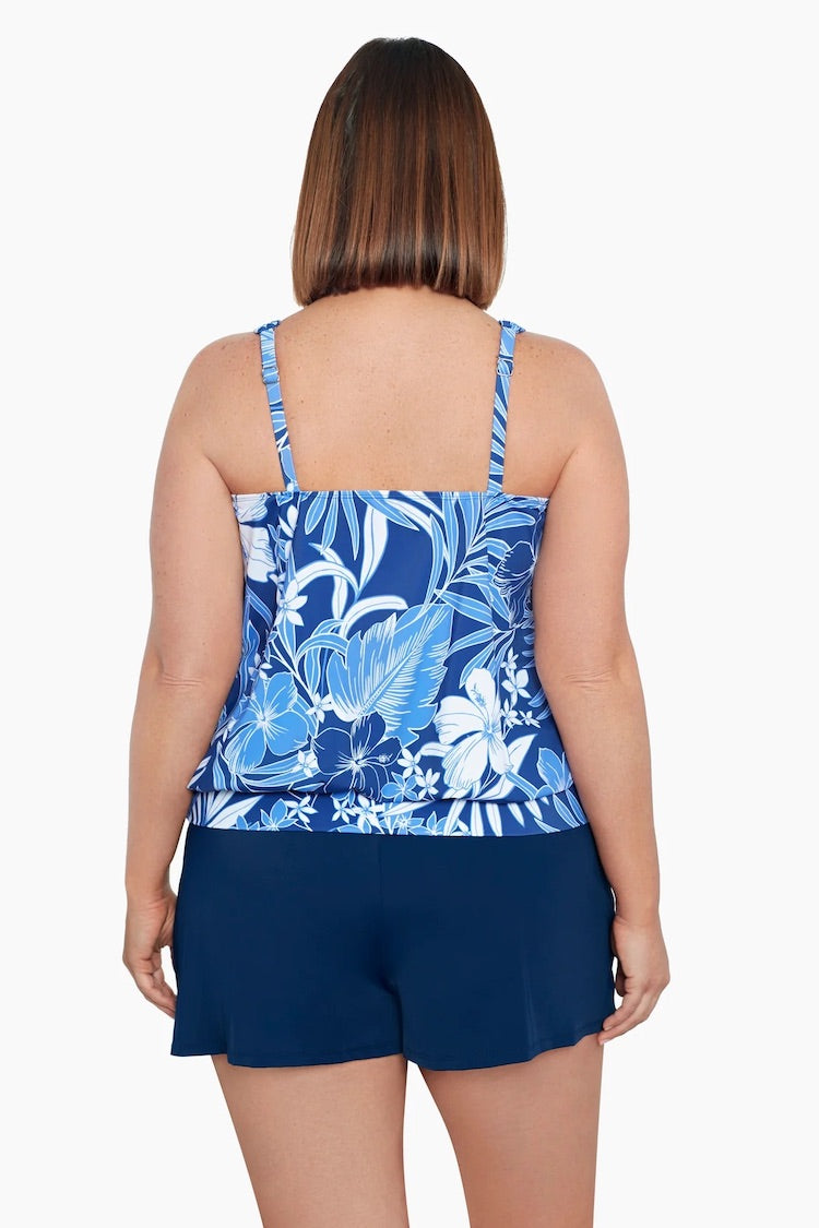 Shape Solver Plus Size Shirred Neck Blouson Tankini Top In My Blues