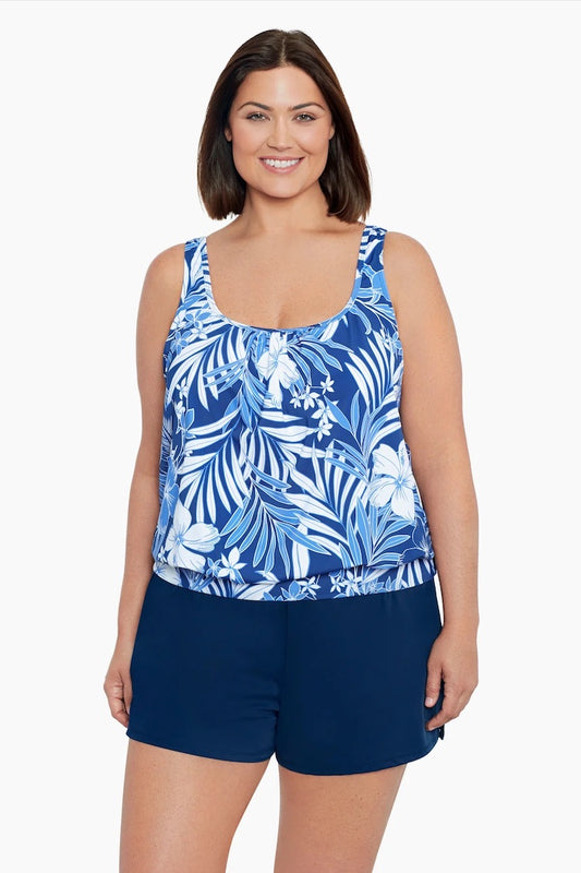 Shape Solver Plus Size Shirred Neck Blouson Tankini Top In My Blues