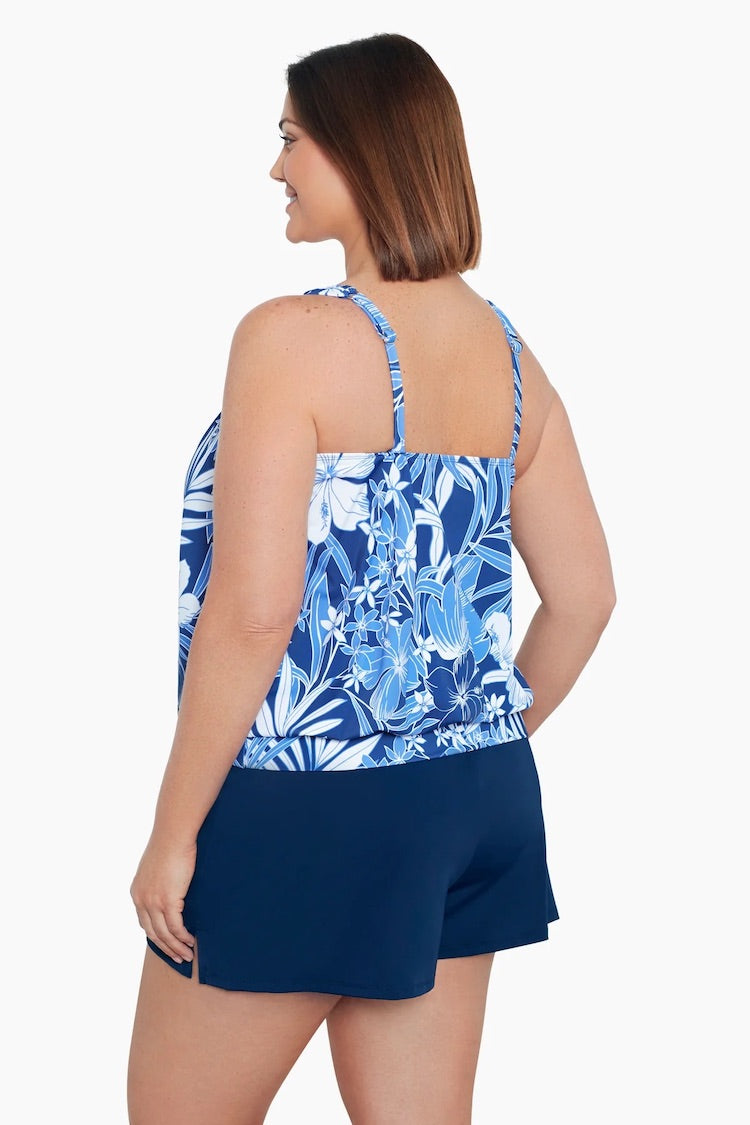 Shape Solver Plus Size Shirred Neck Blouson Tankini Top In My Blues