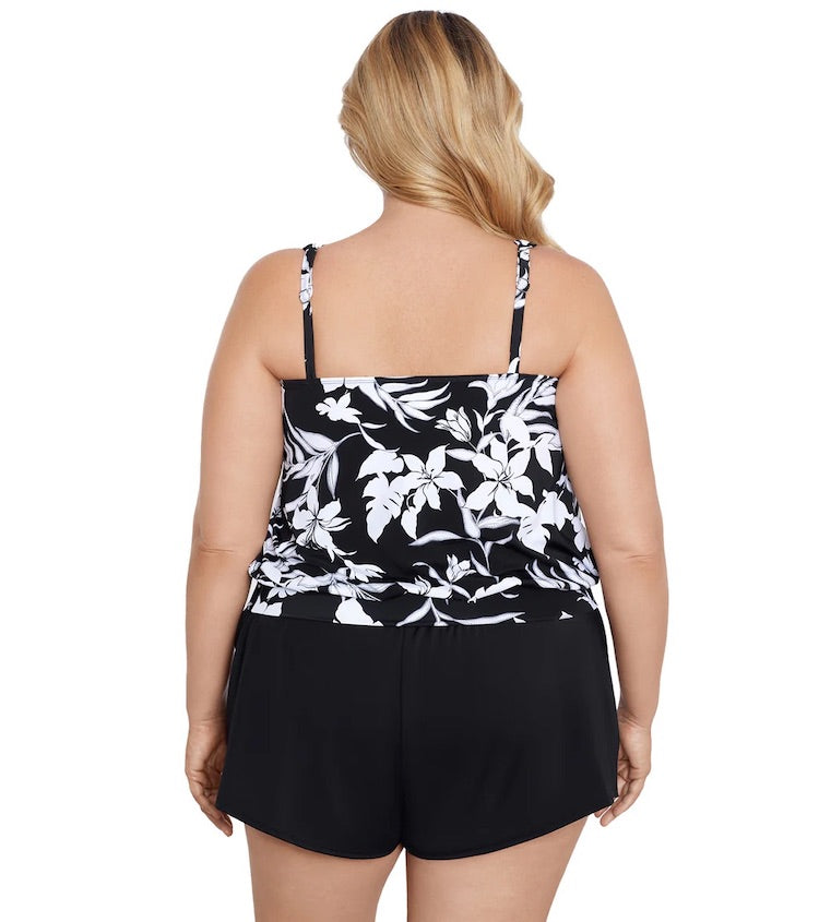 Plus Night Shade Shirred Neck Blouson Tankini Top