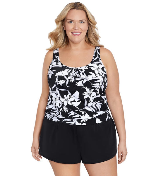 Plus Night Shade Shirred Neck Blouson Tankini Top