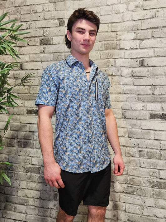 Zipper Pocket Printed Button Up Short Sleeve