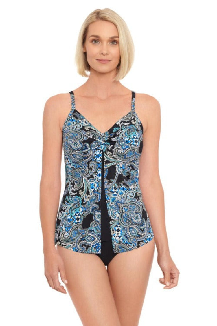 Turn heads and stay comfortable in the Penbrooke Flyaway Knot Tankini! This stunning paisley print set features flattering soft-cup bra and adjustable shoulder straps. Its fly-away style front with split and high-cut, straight-line back help you look and feel amazing on all your beach adventures! (In other words—you'll be lookin' good, and feeling even better.) 82% Nylon, 18% Spandex. #luxelife