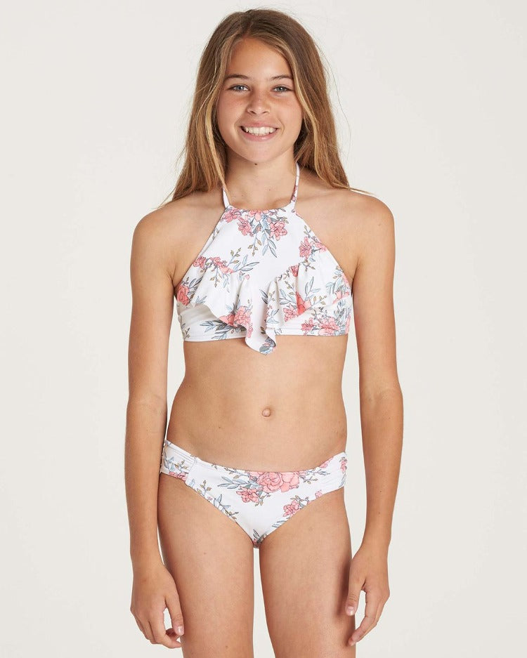 Hit the beach in style with this playful Billabong Nova Floral Hi Neck Bikini Set! Made with a soft and stretchy polyester/elastane blend for a perfect fit, it features a center front and back halter tie, adjustable shoulder straps, and mock side ties on the pant for extra sass. Get ready to make some serious waves this summer!