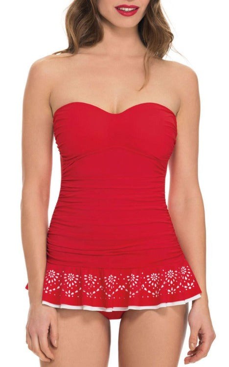 Show off your curves in this Tutti Frutti swim dress! A classic bandeau shape and built in tummy control are complemented by a laser design for a look that's out of this world. Plus, the soft cup bra with adjustable/removable straps will have you feeling your summery best! Dive right in and make waves!    E6222047