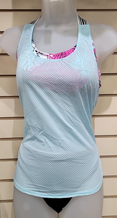 Sport Mesh Tankini Set  This tankini set is perfect for my ladies who love their sporty and supportive suits. This active top is generous in the bust and fits an A-D cup. Fits true to size. Comes in this beautiful pink and sky blue colors.