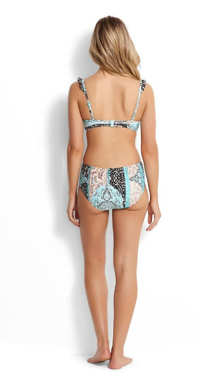 Unlock your inner goddess in this Moroccan Moon C/D Cup Bikini! With an ultra-flattering fit, underwire top, adjustable straps, and a full seat coverage bottom, you won't want to take it off. Plus, the pastel paisley design and ruffle detail add fun, flirty style - no wonder it's the hottest thing under the sun!     30958D170/403431