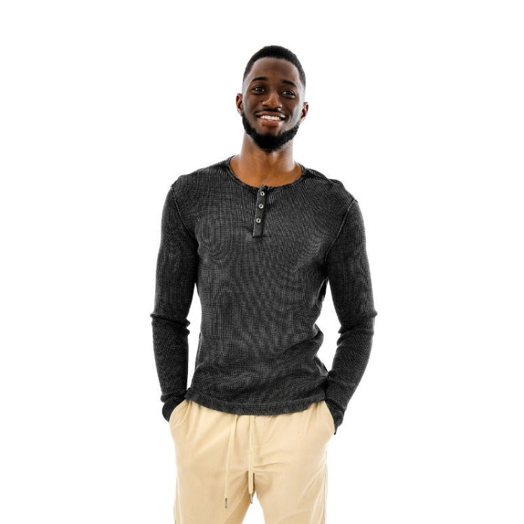 This waffle henley is so comfy, you'll be tempted to hit the hay in it! Soft yet cozy, it's the perfect piece to take you from summer to fall. With side paneling for added range of motion and rugged, stylish stitching, it's the ideal way to feel casual - but look put-together. Every piece is one-of-a-kind, thanks to the unique dyeing process. With three earthy shades of beige, navy and charcoal black, you'll find your fit here in sizes S-XXL.