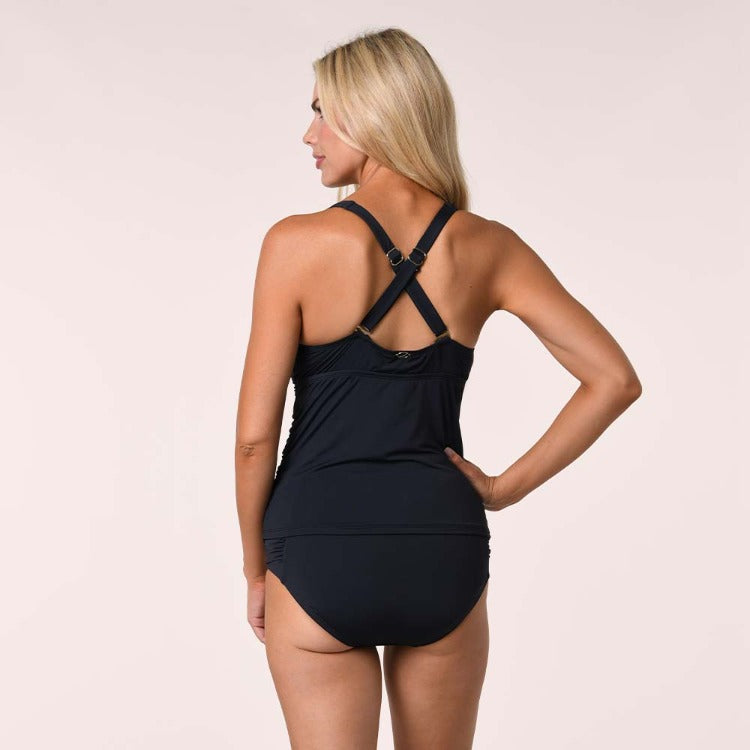 Our Wrap X-Back Tankini Top offers wrap design, sewn-in cups, adjustable straps, UPF50+ and X-Back support. Bottom features Comfort Core fit, tummy control and side shirring for a flattering fit.