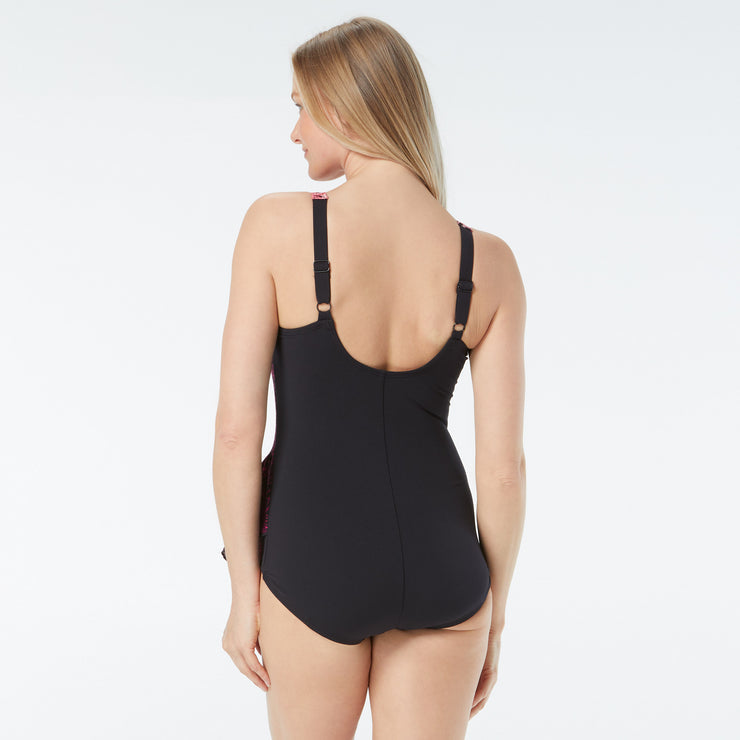 Stylish one-piece with draped front, ruched hips and contemporary leg line. Quick-dry polyester fabric, Chloratex chlorine-resistance, UPF 50+ sun protection, removable soft cups and tummy control. Experience comfort with Gabar Lazer Cut Square Neck Draped One Piece.