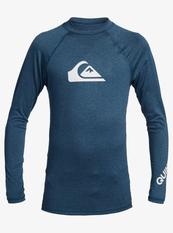 This All Time Boys Long Sleeve Rashguard is the perfect companion for outdoor activities. With UPF 50+ protection, you can rest assured that your little one is safe from the sun's rays, allowing them to move and explore without worry. The recycled yarn fabric is lightweight, providing optimal comfort and a snug fit, while also promoting sustainability. Additionally, the moisture-wicking properties will keep your child cool and dry, making this essential part of every adventurer's wardrobe.      EQBWR03128