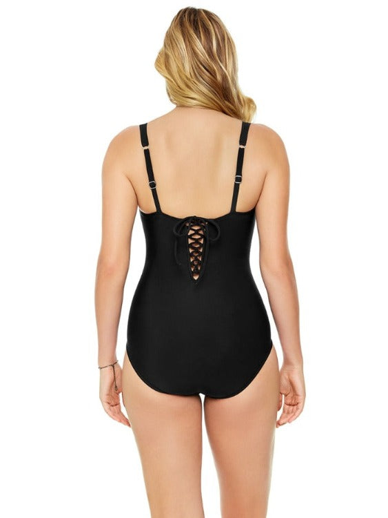Make a splash with this chic black one piece! Show off your style with a sweetheart neckline and trendy corset back. The adjustable straps provide extra support, and the ruched waistline cinches to show off your curves. Fully covered and flattering, this suit is a must-have for any poolside look! (Size according to your true pant size and it fits A-C cup busts - you're welcome!)