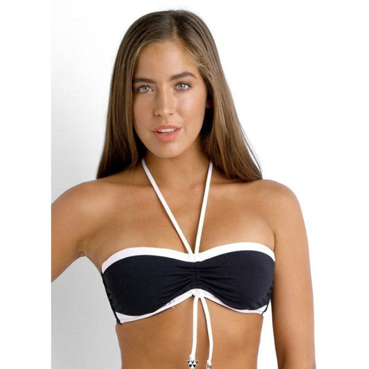 This sumptuous bandeau DD Cup bikini provides a sophisticated beach look. Indulge in its artful black & white or blue & black colour-block design, adjustable drawstring neckline, and sporty hipster bottom. Sophisticated hidden underwire, boning, and gripper tape deliver DD cup support. Removable, adjustable straps ensure a bespoke fit. The boyleg bottom, with contrast banding and clip back, offers modest yet chic coverage.     30526DD772/40328