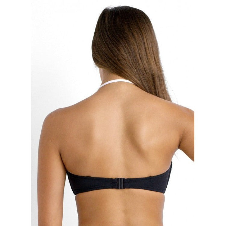This sumptuous bandeau DD Cup bikini provides a sophisticated beach look. Indulge in its artful black & white or blue & black colour-block design, adjustable drawstring neckline, and sporty hipster bottom. Sophisticated hidden underwire, boning, and gripper tape deliver DD cup support. Removable, adjustable straps ensure a bespoke fit. The boyleg bottom, with contrast banding and clip back, offers modest yet chic coverage.     30526DD772/40328