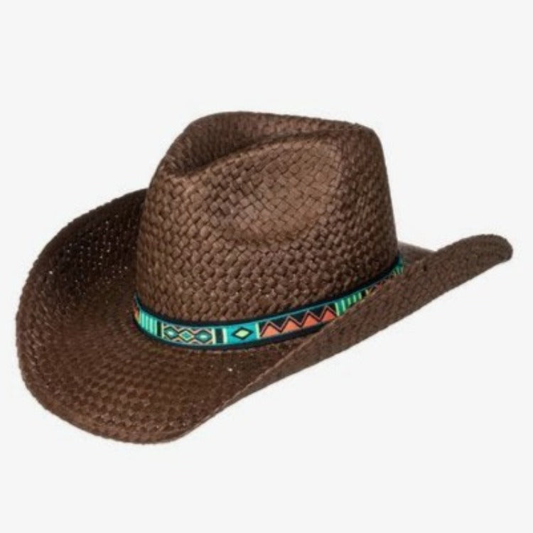Everyone knows that a real cowgirl needs her cowgirl hat! This hip straw design is sure to turn heads, from the rodeo to the beach and everywhere in between. With a bold patterned tape on the front, it'll not only make an impression – it'll make you feel like the head honcho of fun! Saddle up, cowgirl, it's time to ride!    ERJHA03382