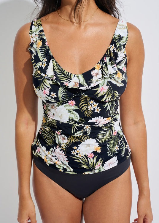 This delightful duo will leave you feeling fab at the beach or poolside soiree. The ruffled neckline and shirring on sides are both fantastic and ultra-flattering. Removable cups, ruffles, shirring, tummy control, and adjustable, convertible straps—you won't want to miss out!
